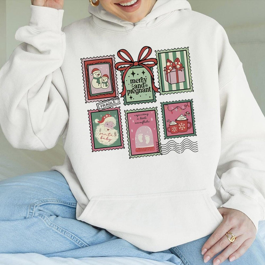 Merry and Pregnant Christmas Hoodie | Vintage Stamp Holiday Design | Premium Cotton Blend | Pregnancy Announcement Gift for Expecting Mom