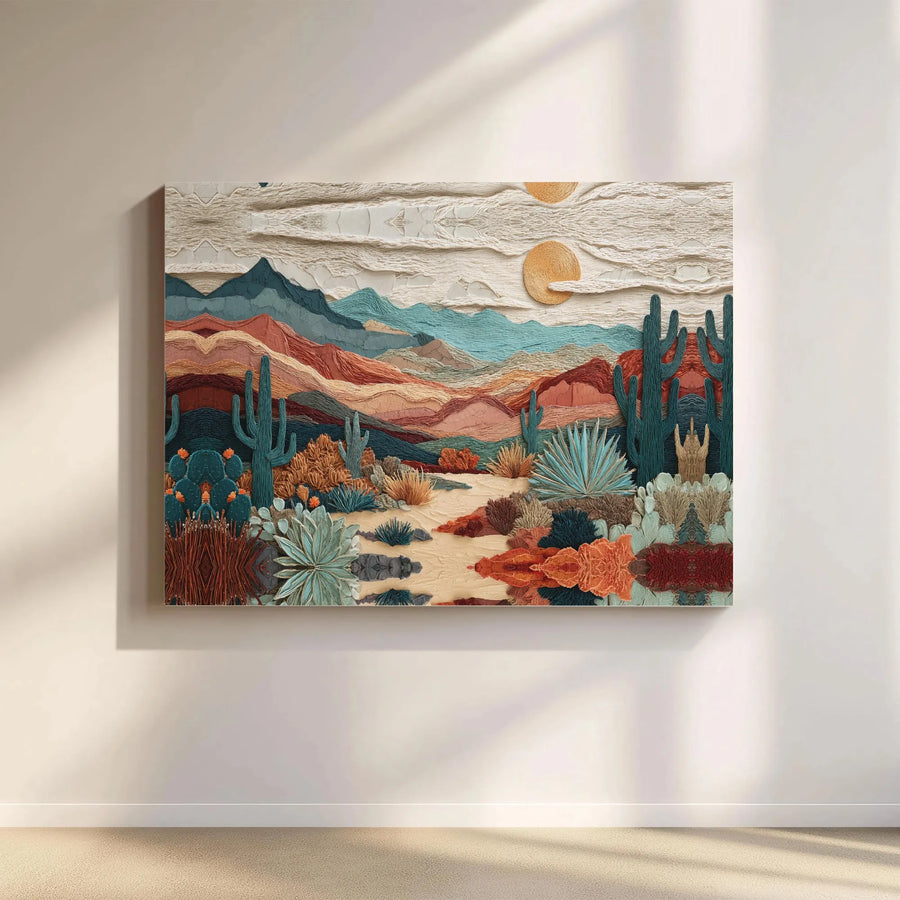 Desert Landscape Wall Art | Textured Cacti Mountain Canvas Print | Premium Gallery Wrap Decor | Southwestern Modern Living Room Gift
