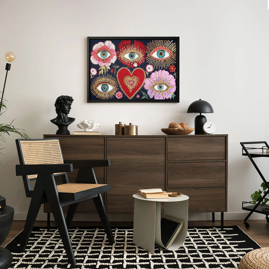 Bohemian Evil Eye Canvas Wall Art | Sacred Heart and Floral Spiritual Decor | Premium Fade-Resistant Print | Mystical Home Gallery Gift