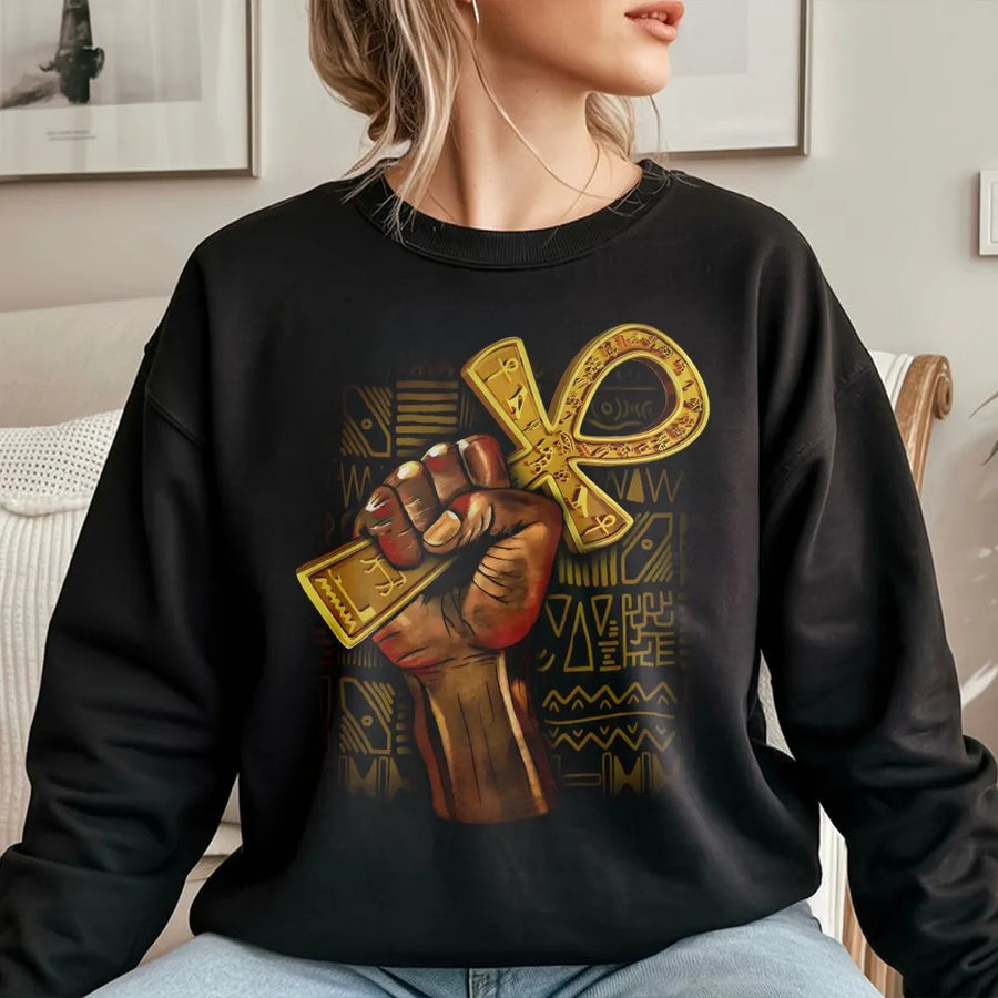 African Ankh Symbol Sweatshirt | Gold Fist Afrocentric Graphic | Premium Unisex Crewneck | Black History Month Apparel Gift for Men Women