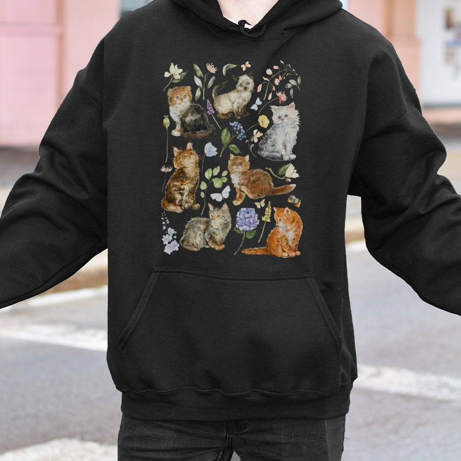 Cottagecore Cat Hoodie | Floral Kitten Botanical Graphic | Premium Cotton Blend Sweatshirt | Gift For Cat Lovers Women Men