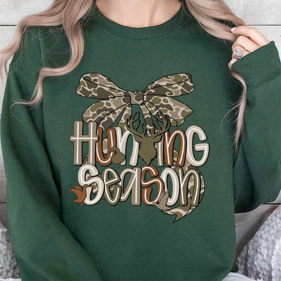 Hunting Season Sweatshirt | Camo Bow Deer Antler Graphic | Premium Cotton Blend Unisex Crewneck | Gift for Hunters and Outdoorsmen