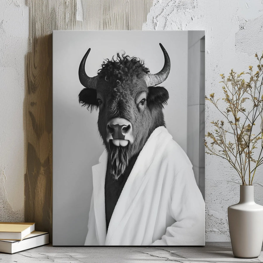 Bison in Bathrobe Canvas Wall Art | Funny Animal Bathroom Decor | Premium Gallery Wrap Print | Whimsical Farmhouse Home Gift