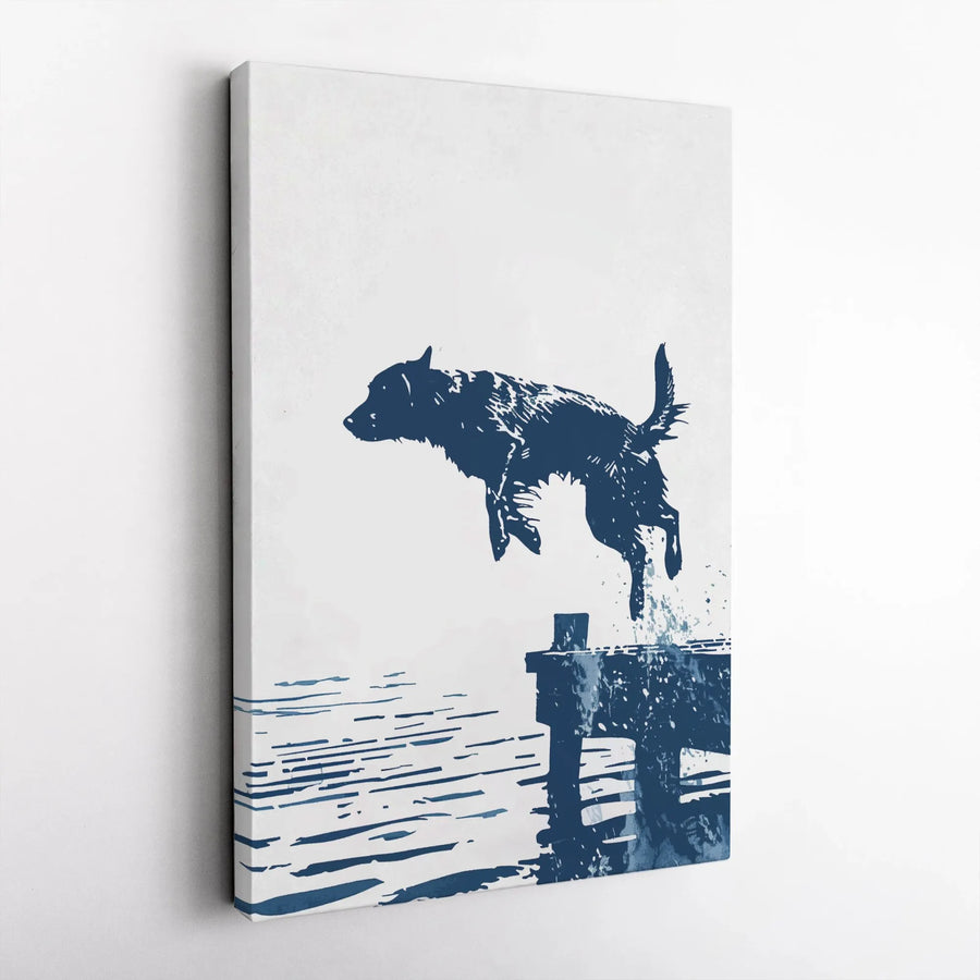 Jumping Dog Canvas Wall Art | Minimalist Dock Diving Silhouette | Premium 1.25" Thick Frameless Print | Modern Art Gift for Dog Lovers