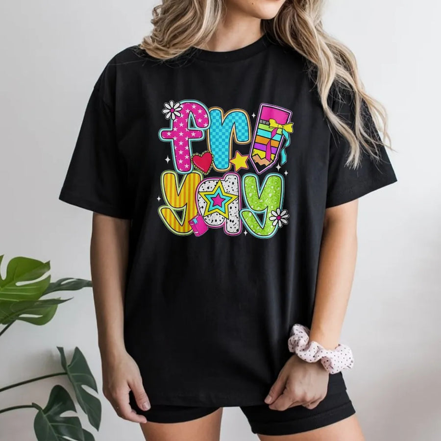 Friyay Teacher T-Shirt | Cute Retro School Supplies Graphic | Premium Cotton Unisex Tee | Funny Friday Gift for Elementary Kindergarten Teachers