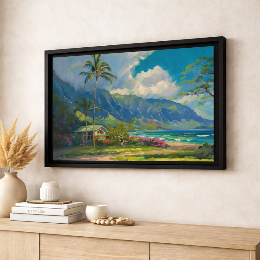 Tropical Hawaiian Landscape Canvas Art | Coastal Palm Tree Beach House Painting | Premium Fade-Resistant Gallery Wrap | Home Office Wall Decor