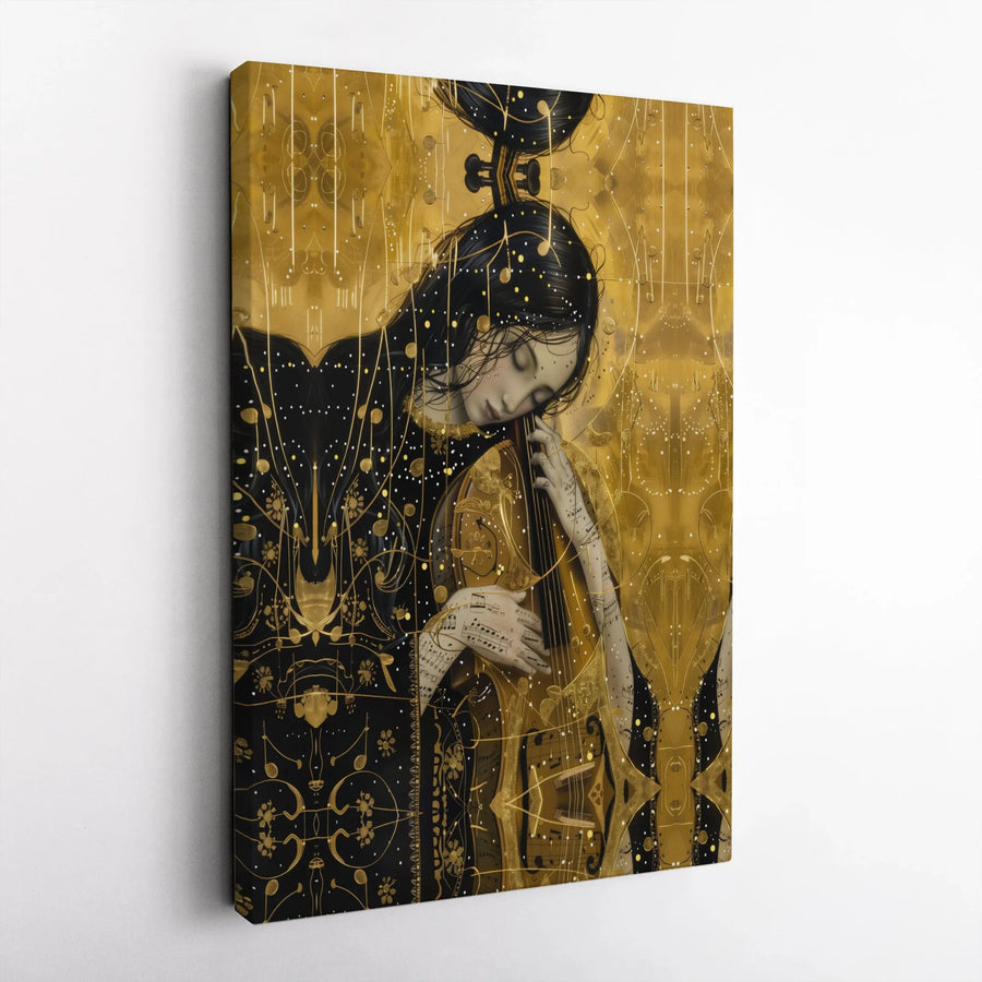 Abstract Cellist Canvas Print | Gold and Black Art Nouveau Inspired Painting | Thick Gallery Wrap Wall Art | Gift for Musician & Music Lover Home Decor