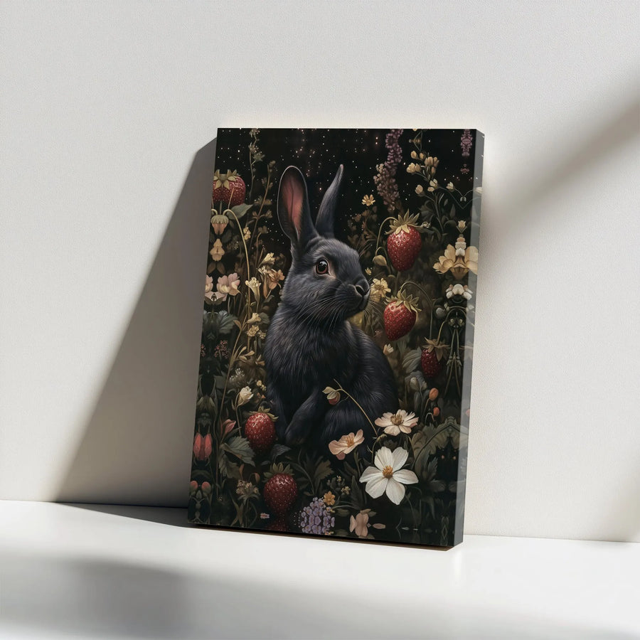 Dark Academia Rabbit Canvas Art | Vintage Strawberry & Wildflower Illustration | Premium Gallery Wrapped Print | Moody Cottagecore Woodland Decor Gift