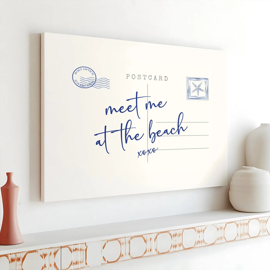 Meet Me at The Beach Canvas Wall Art | Vintage Postcard Script Design | Premium Gallery Wrapped Canvas | Coastal Home Decor Gift for Beach Lovers