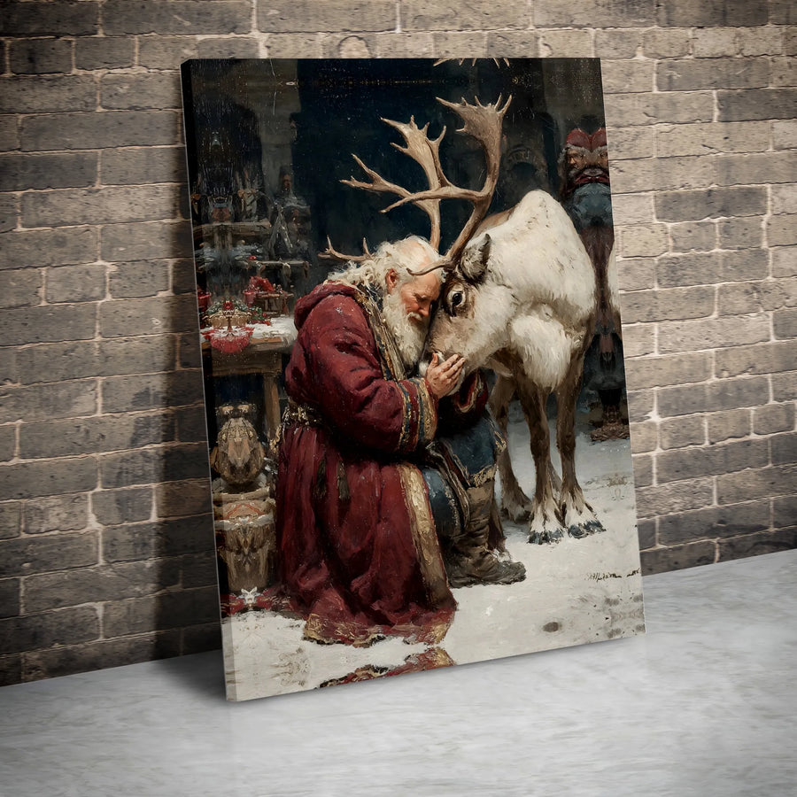 Vintage Santa Claus and Reindeer Canvas Art | Whimsical Christmas Portrait | Premium Gallery-Wrapped Print | Holiday Home Decor Gift