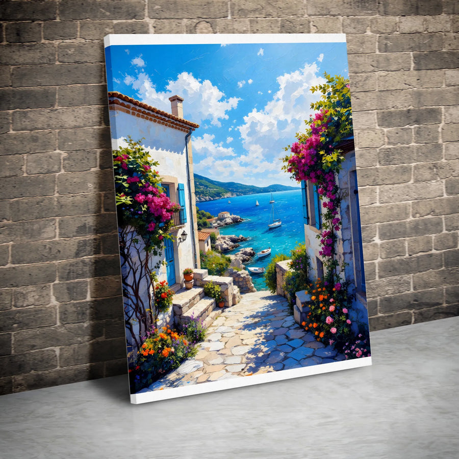 Greek Island Canvas Print | Vibrant Coastal Village with Bougainvillea | Premium Gallery Wrapped Wall Art | Mediterranean Seascape Home Decor Gift