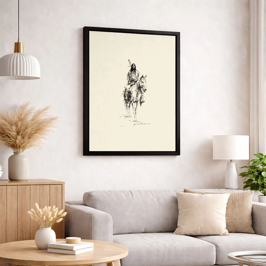 Native American Horseback Sketch Canvas Art | Western Pencil Drawing Print | Premium Gallery Wrapped Wall Decor | Southwestern Home Office Gift