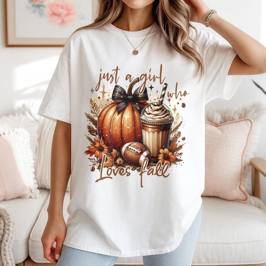 Just A Girl Who Loves Fall T-Shirt | Pumpkin Spice Latte & Football Graphic | 100% Cotton Premium Tee | Autumn Birthday Gift for Her