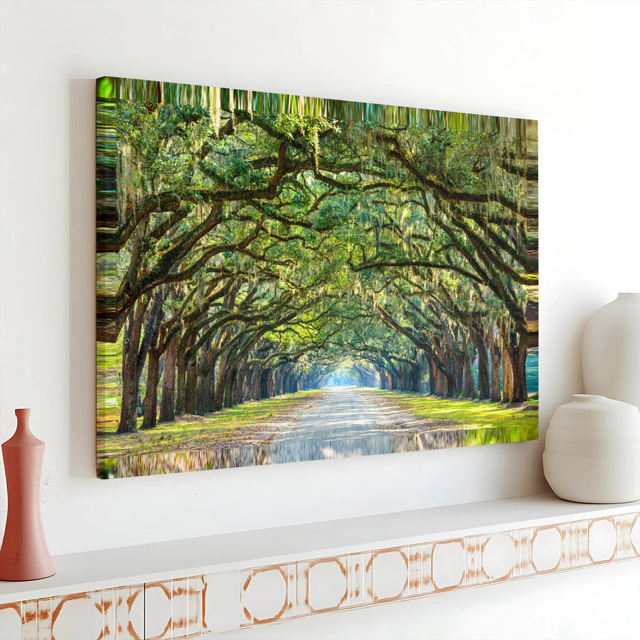 Oak Alley Canvas Wall Art | Surreal Tree Tunnel with Glitch Effect | Premium Gallery Wrapped Print | Southern Landscape Living Room Decor