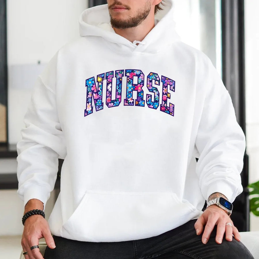 Floral Nurse Hoodie | Wildflower Varsity Lettering Pullover | Soft Cotton Blend | RN Graduation Gift for Her