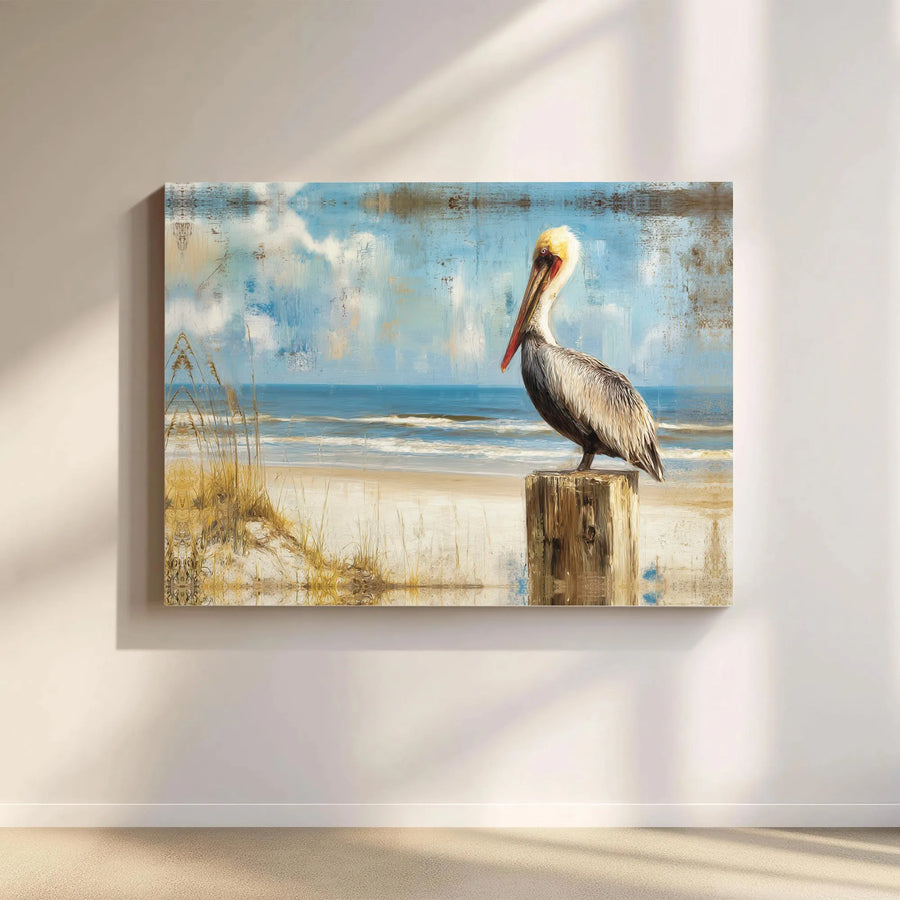 Coastal Pelican Canvas Wall Art | Vintage Seaside Painting on Post | Premium Gallery Wrapped Canvas | Beach House Living Room Decor Gift