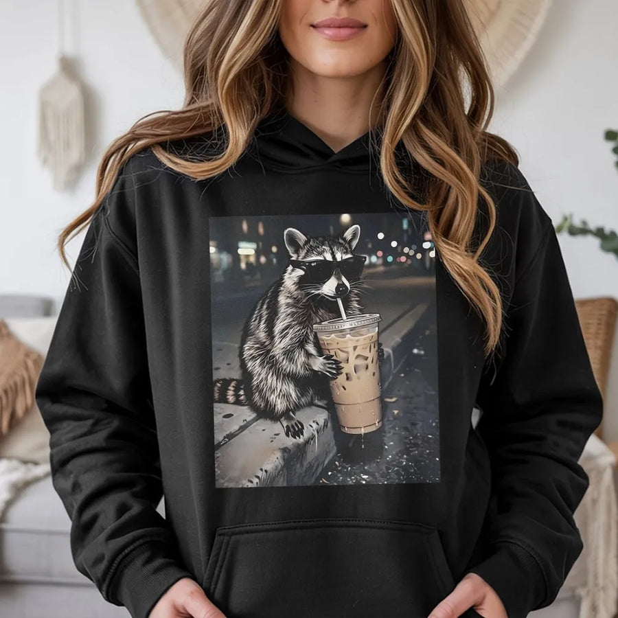 Funny Raccoon Hoodie | Iced Coffee Drinking Animal Meme | Premium Cotton-Blend Graphic Sweatshirt | Gift for Coffee Lovers & Animal Enthusiasts