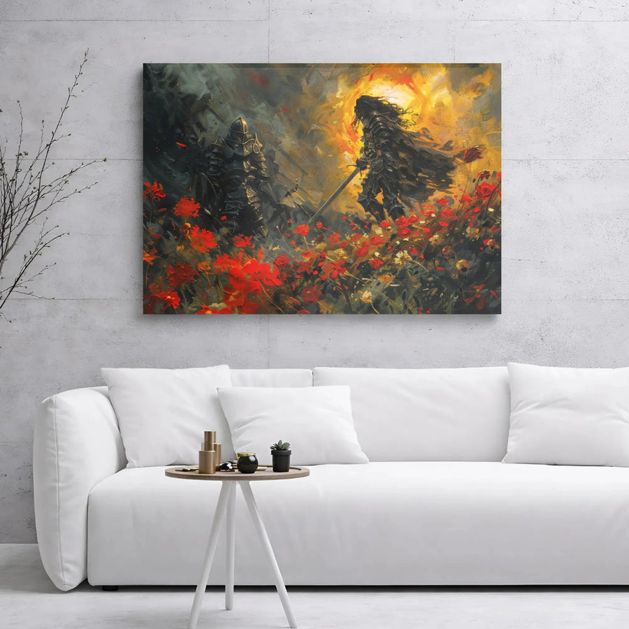 Fantasy Knight Canvas Wall Art | Dueling Medieval Warriors in Red Poppy Field | Premium Gallery Wrap Print | Epic Gaming Room Office Decor