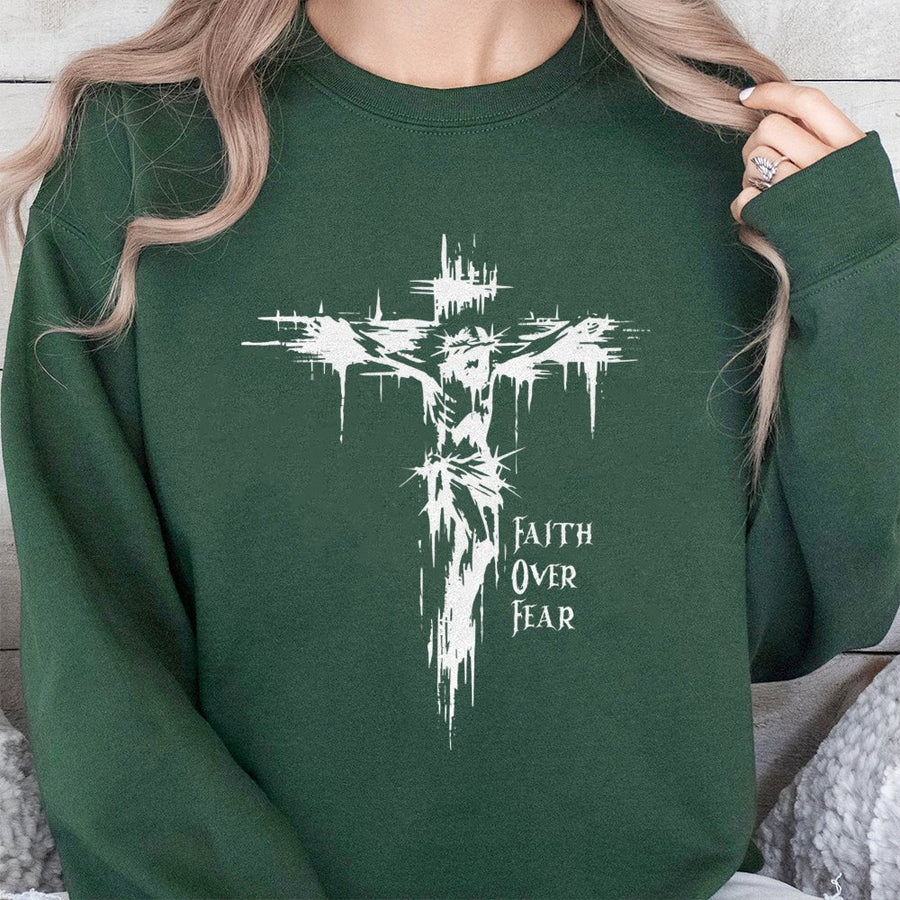 Faith Over Fear Sweatshirt | Religious Distressed Cross Graphic | Premium Cotton Blend | Christian Gift for Men and Women