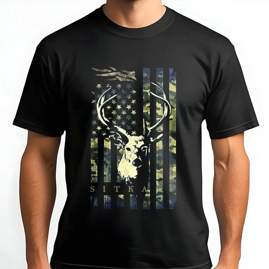 Deer Hunting T-Shirt | Distressed Camo American Flag Deer Skull | Premium Soft Cotton | Patriotic Outdoorsman Gift