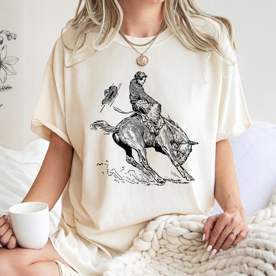 Bucking Bronco Rodeo T-Shirt | Vintage Western Cowboy Graphic | 100% Cotton Premium Tee | Unique Gift for Horse Lovers and Country Style Fans