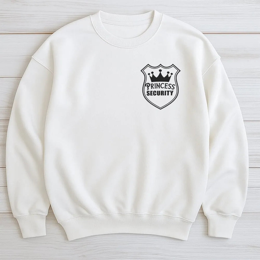 Princess Security Sweatshirt | Funny Crown Shield Logo Crewneck | Soft Cotton Blend Pullover | Unique Gift for Girl Dad, Protective Father, Husband