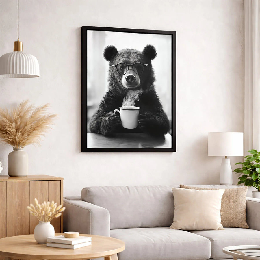 Bear Drinking Coffee Wall Art | Whimsical Animal Portrait With Glasses | Premium Gallery Wrap Canvas | Rustic Home Decor Gift For Coffee Lovers