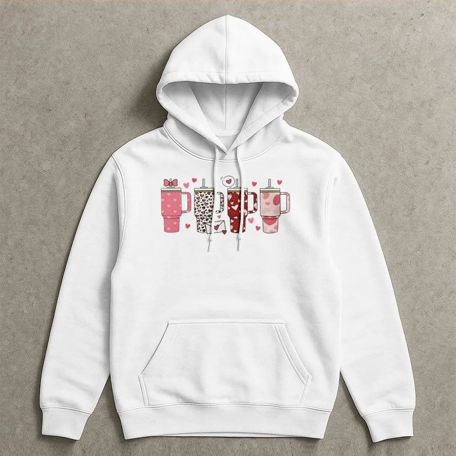 Valentine's Day Tumbler Hoodie | Cute Hearts & Hydration Graphic | Premium Soft Cotton Blend | Gift for Women & Girls