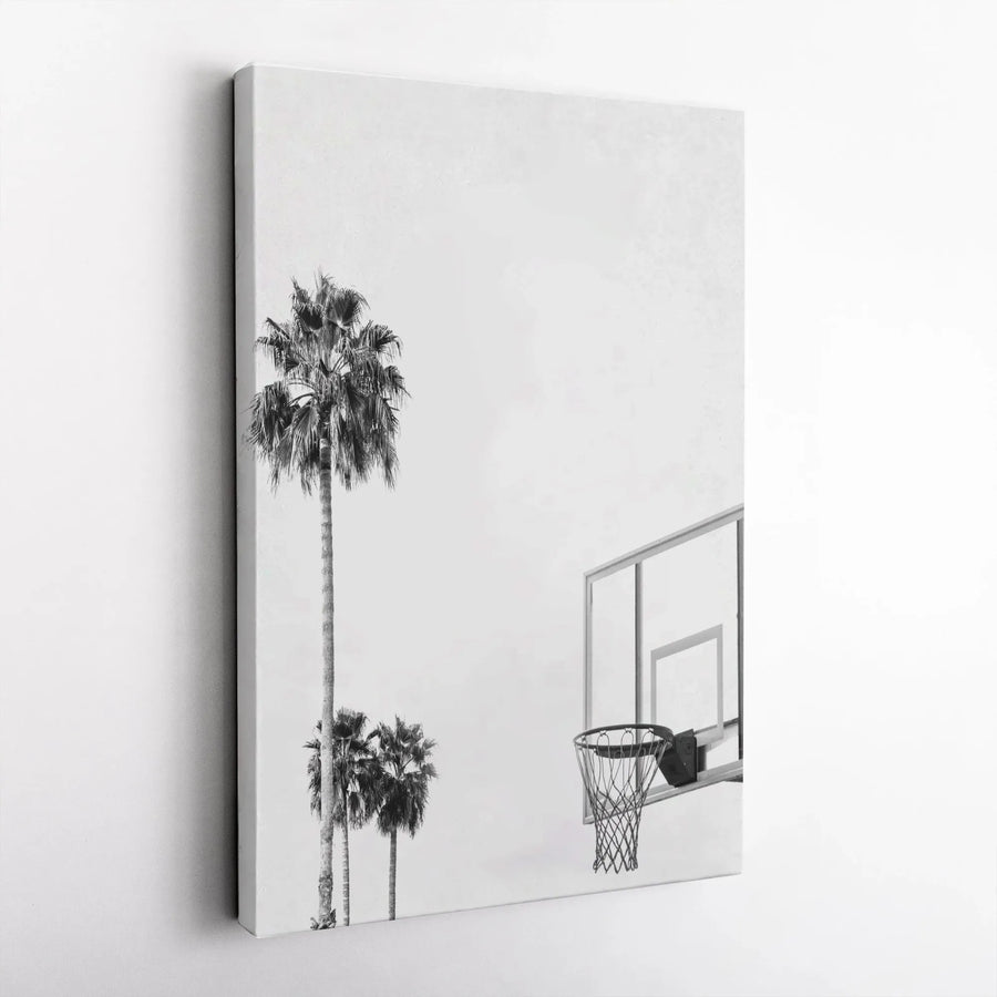 Basketball Palm Tree Vertical Canvas | Minimalist Black and White Photography | Premium Gallery Wrap | Modern Home Decor Gift for Basketball Fan