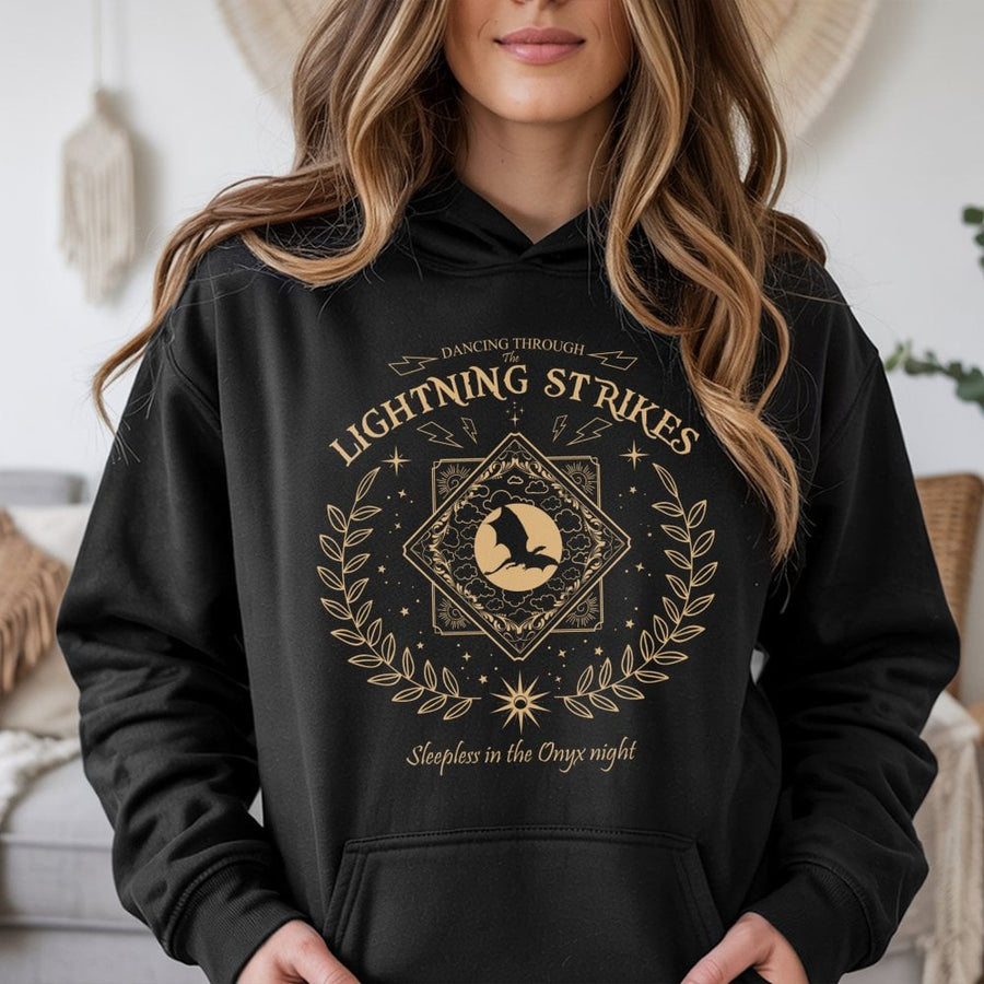 Dragon Fantasy Hoodie | Lightning Storm Gold Graphic | Premium Soft Cotton Blend | Bookish Gift For Readers And Fantasy Fans