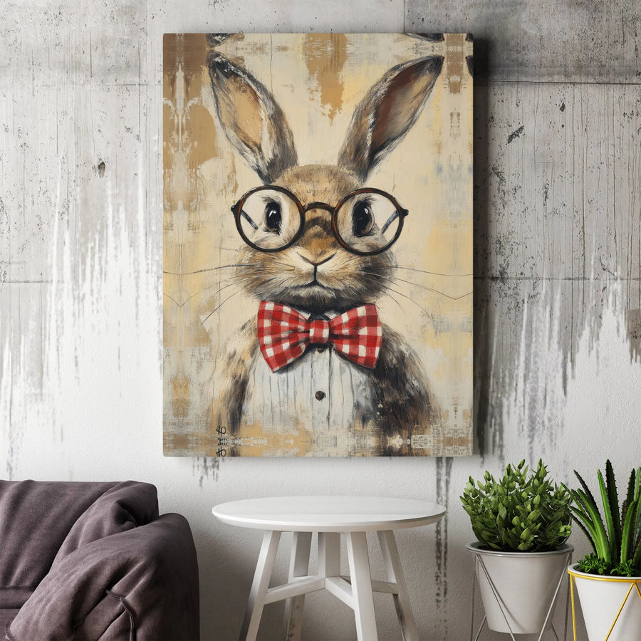 Hipster Bunny Canvas Print | Vintage Style Rabbit with Glasses Wall Art | Premium Gallery Wrapped Canvas | Unique Home Office Decor Gift