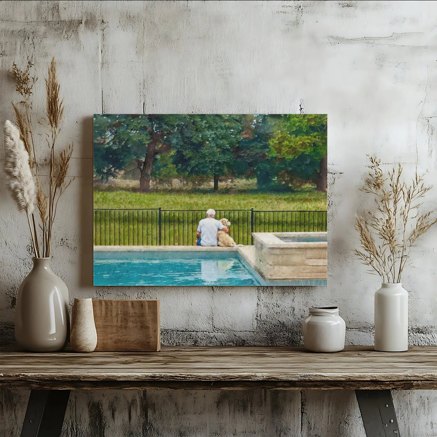 Man and Dog by Pool Horizontal Canvas | Impressionist Oil Painting Style Wall Art | Premium Fade-Resistant Stretched Canvas | Heartwarming Gift for Dog Lovers