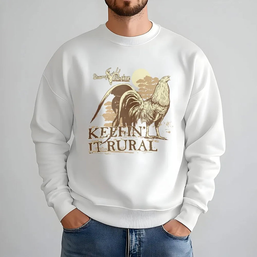 Rural Rooster Sweatshirt | Vintage 'Keepin' It Rural' Graphic Pullover | Soft Cotton Blend Crewneck | Country Gift for Farmer & Outdoorsman