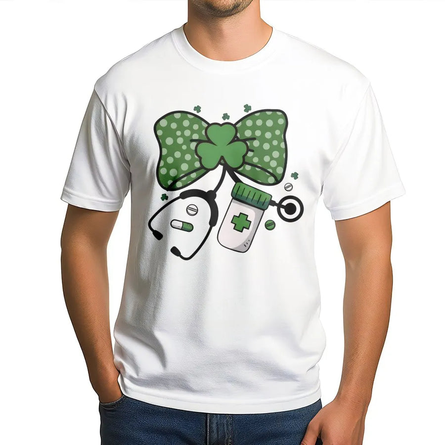 St. Patrick's Day Nurse T-Shirt | Cute Shamrock Stethoscope Bow Coquette Graphic | Premium Soft Cotton Tee | Gift for RN LPN CNA Nursing Students