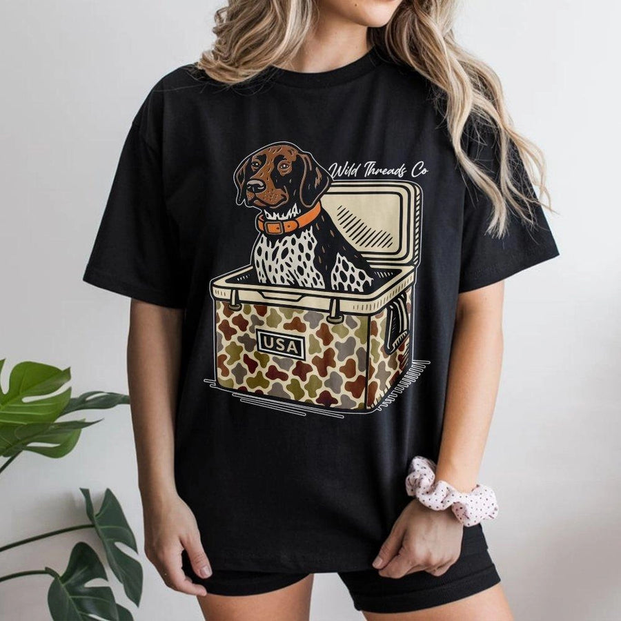 Hunting Dog Cooler T-Shirt | Camo Print Pointer Graphic | Premium Cotton Unisex Tee | Gift for Outdoorsman and Country Boy