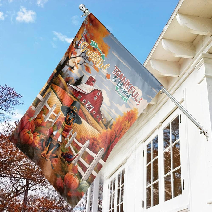 Thanksgiving Garden Flag | Grateful Dog Farmhouse Autumn Scene | Durable Weather-Resistant Polyester | Fall Seasonal Outdoor Decor Gift