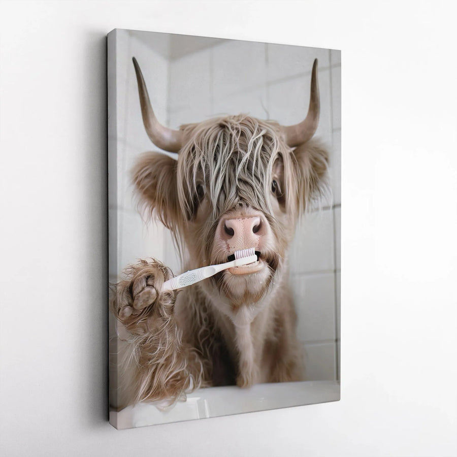 Highland Cow Brushing Teeth Canvas Art | Funny Bathroom Wall Decor | Premium Framed Gallery Print | Whimsical Farmhouse Animal Gift for Home