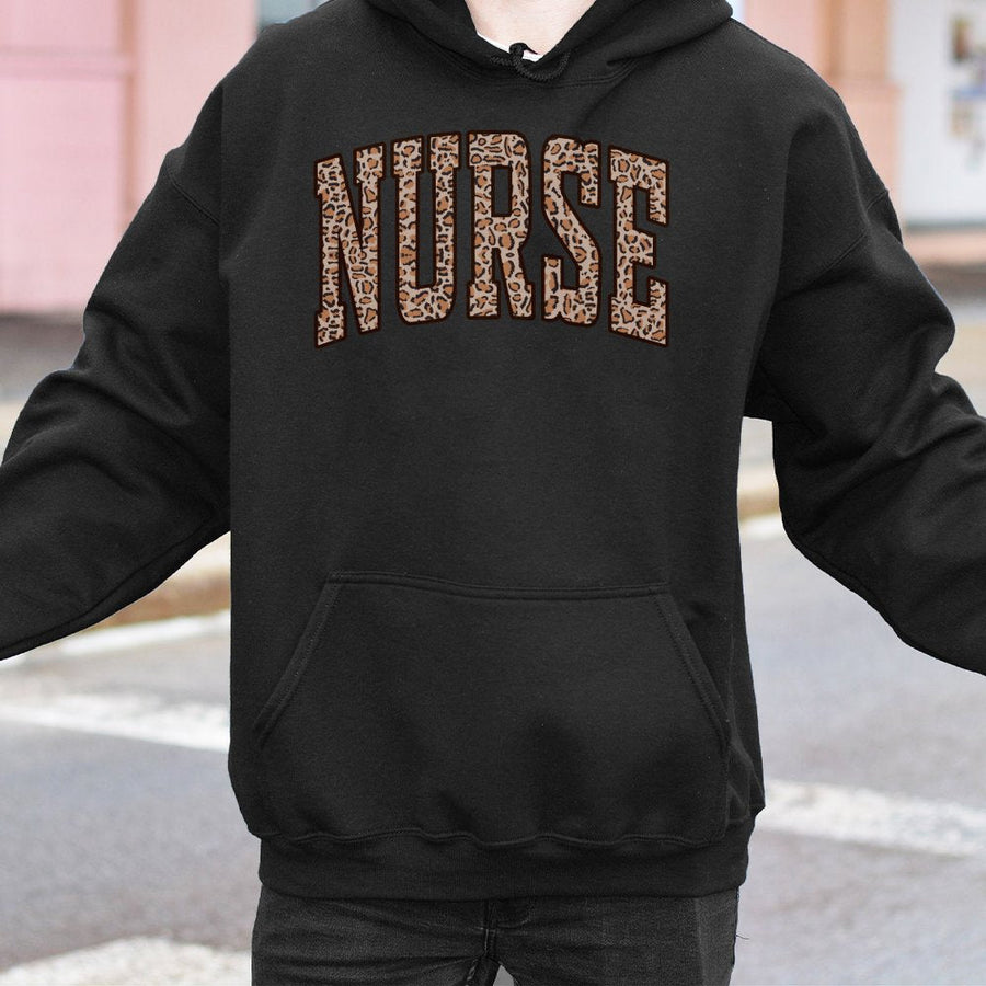 Nurse Hoodie | Leopard Print Varsity Letter Design | Soft Cotton-Poly Blend | Premium Gift for Nursing Students and RNs