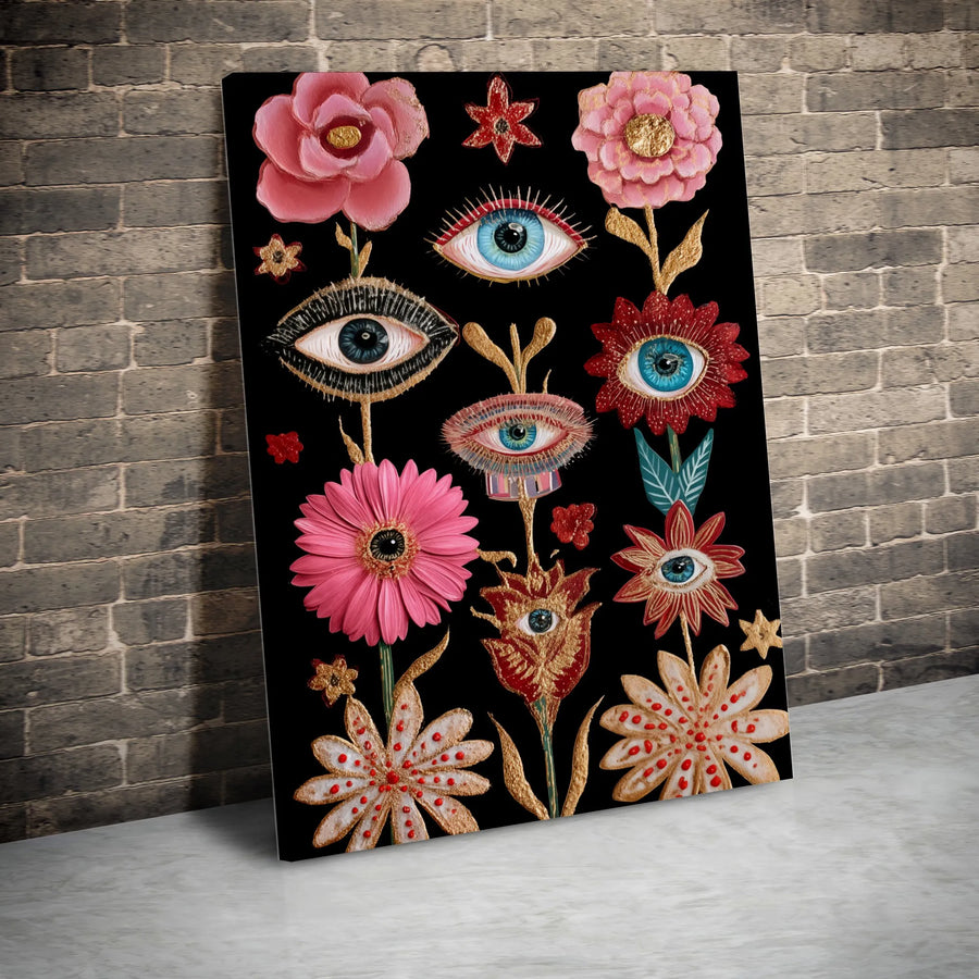 Surreal Eye Flower Canvas Wall Art | Psychedelic Botanical Print with Gold Accents | Premium Fade-Resistant Canvas | Eclectic Gothic Home Decor Gift