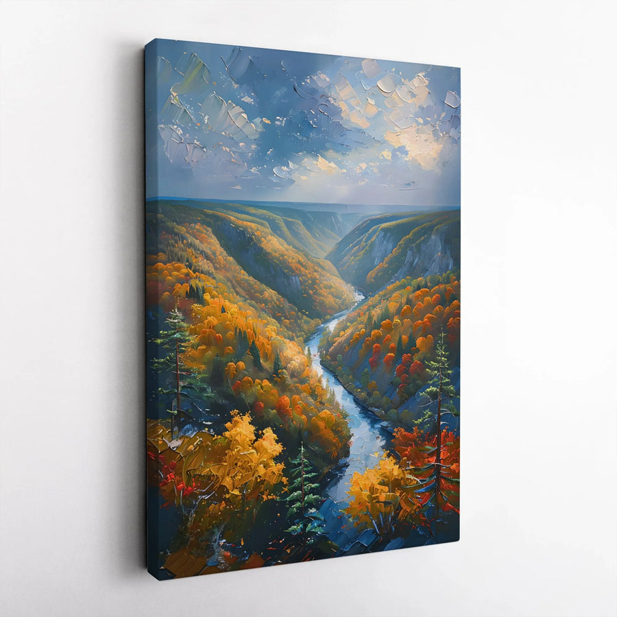 Autumn River Landscape Canvas Wall Art | Impasto Oil Painting Style Print | 1.25” Thick Gallery Wrap | Nature-Inspired Home Decor Gift