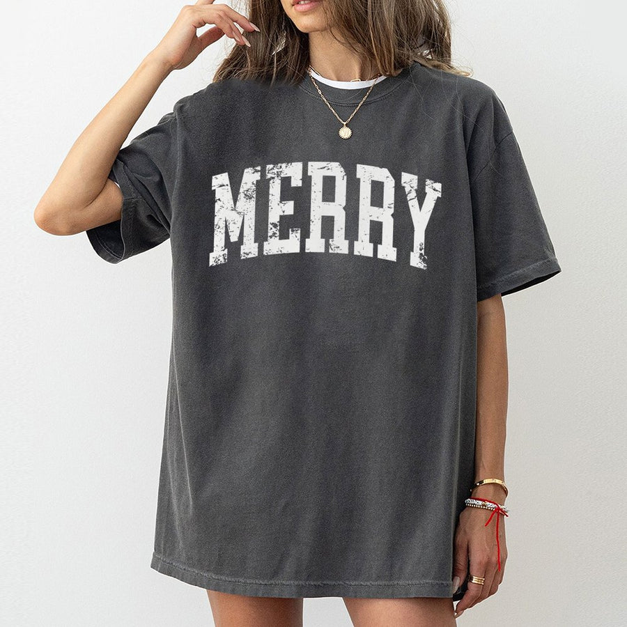 Merry T-Shirt | Distressed Vintage Lettering Graphic | Premium 100% Soft Cotton | Christmas Holiday Gift for Men and Women