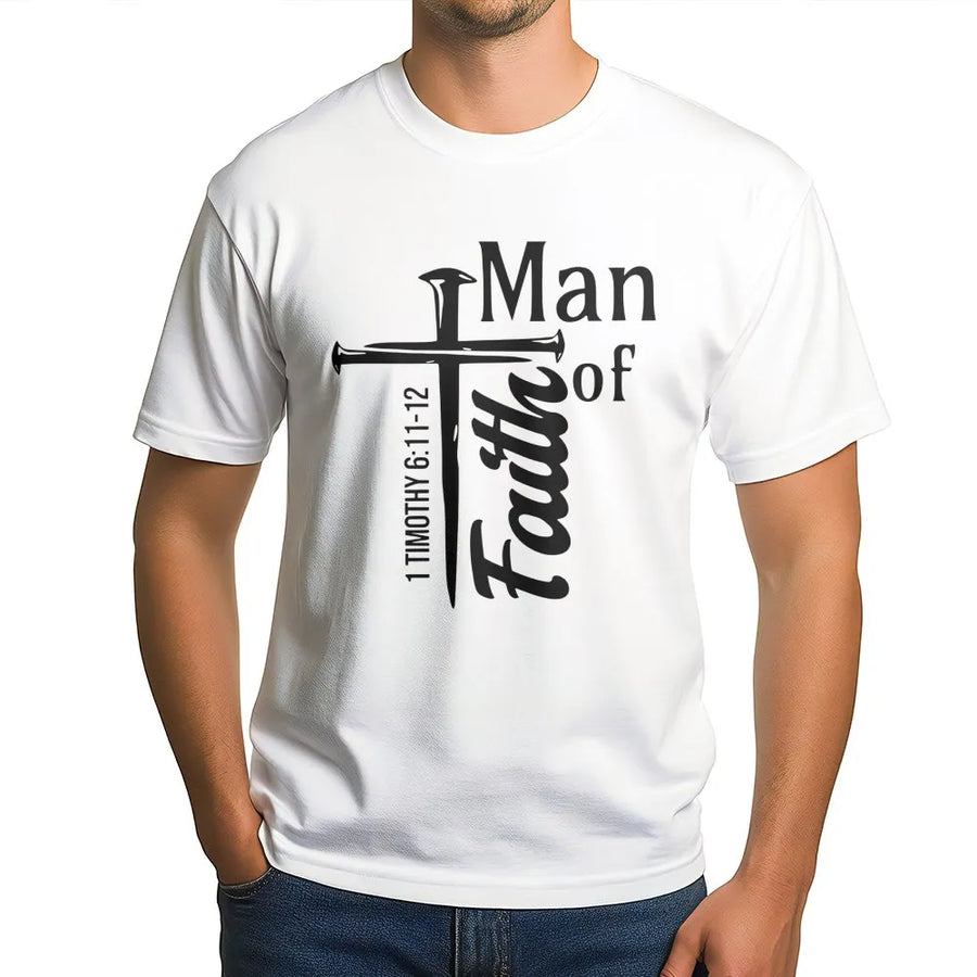 Man of Faith T-Shirt | 1 Timothy 6:11-12 Cross Design | Premium 100% Cotton Graphic Tee | Religious Christian Gift for Men & Bible Study