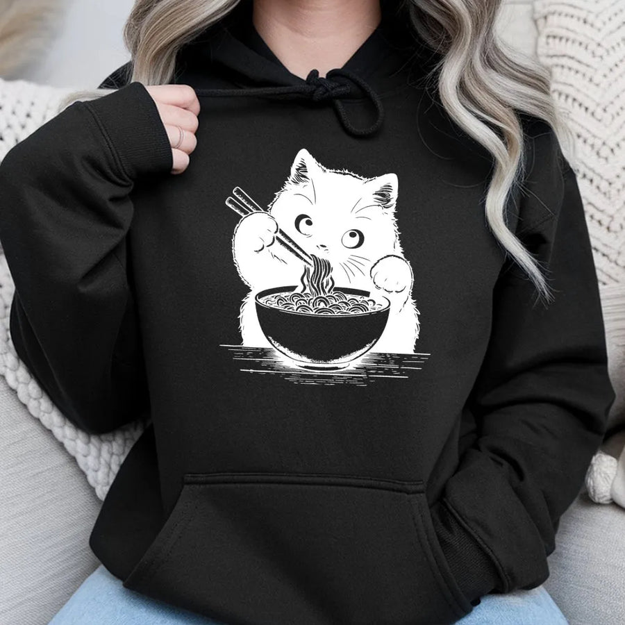 Ramen Cat Hoodie | Cute Kawaii Anime Kitten Eating Noodles | Premium Soft Unisex Pullover | Funny Japanese Foodie Gift for Cat Lovers