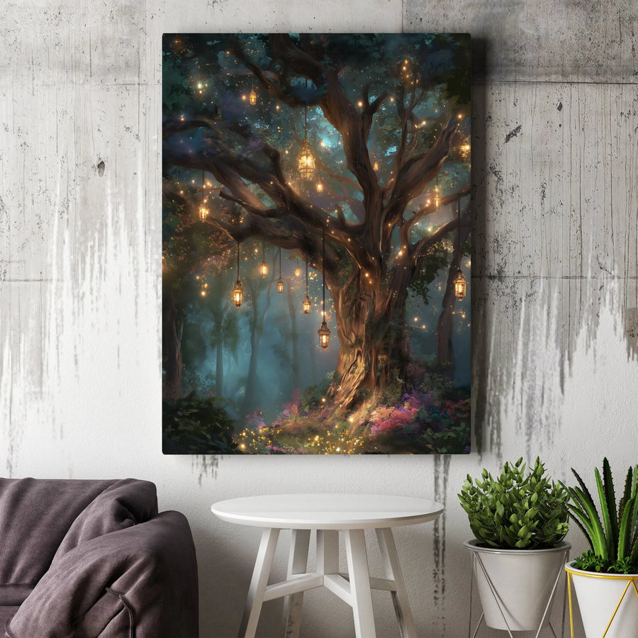 Enchanted Forest Canvas Wall Art | Whimsical Glowing Lanterns Tree | Premium Gallery Wrap Decor | Fantasy Landscape Gift for Home Office