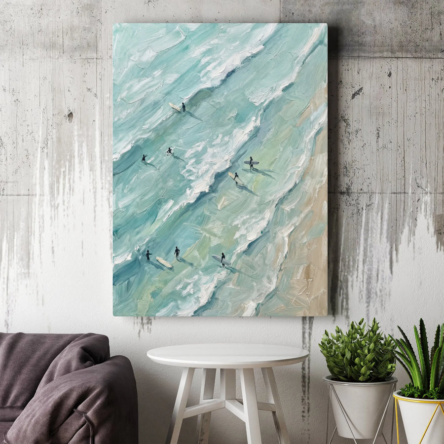 Aerial Beach Scene Vertical Canvas | Impressionist Surfer Painting Print | Premium Frameless Wall Art | Modern Coastal Home Decor Gift for Ocean Lover