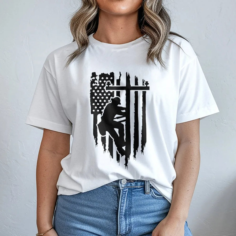 Lineman American Flag T-Shirt | Distressed Patriotic Utility Worker Graphic | Premium 100% Cotton | Gift for Electrician Power Line Technician