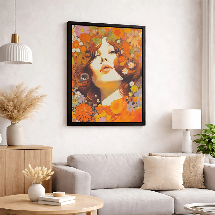 Retro 70s Flower Power Portrait Canvas | Vintage Floral Woman Art Print | 1.25 Inch Gallery Wrap | Aesthetic Boho Home Decor Gift