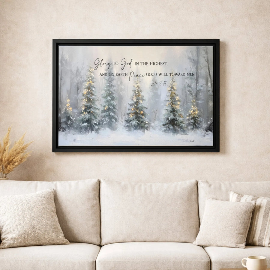 Luke 2:14 Christmas Canvas Wall Art | Glory To God Winter Forest Print | Premium Gallery-Wrapped Decor | Religious Holiday Home Gift
