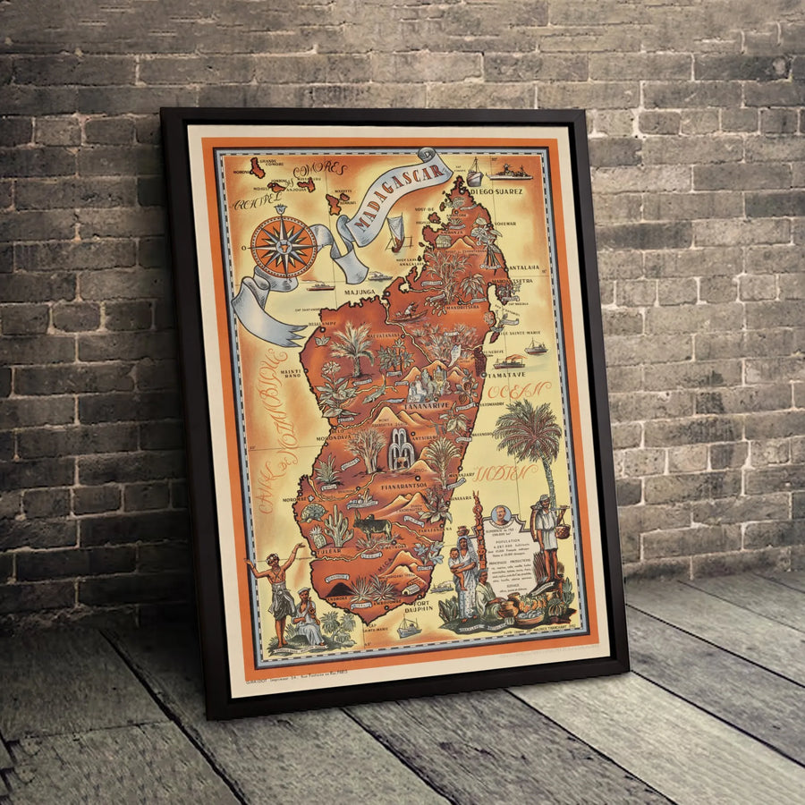 Madagascar Vintage Map Wall Art | 1952 Illustrated Pictorial Print | Premium 1.25-Inch Gallery Canvas | Unique Travel Lover Gift