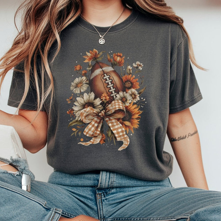 Floral Football T-Shirt | Fall Aesthetic Sports Graphic | 100% Cotton Premium Tee | Game Day Gift for Her